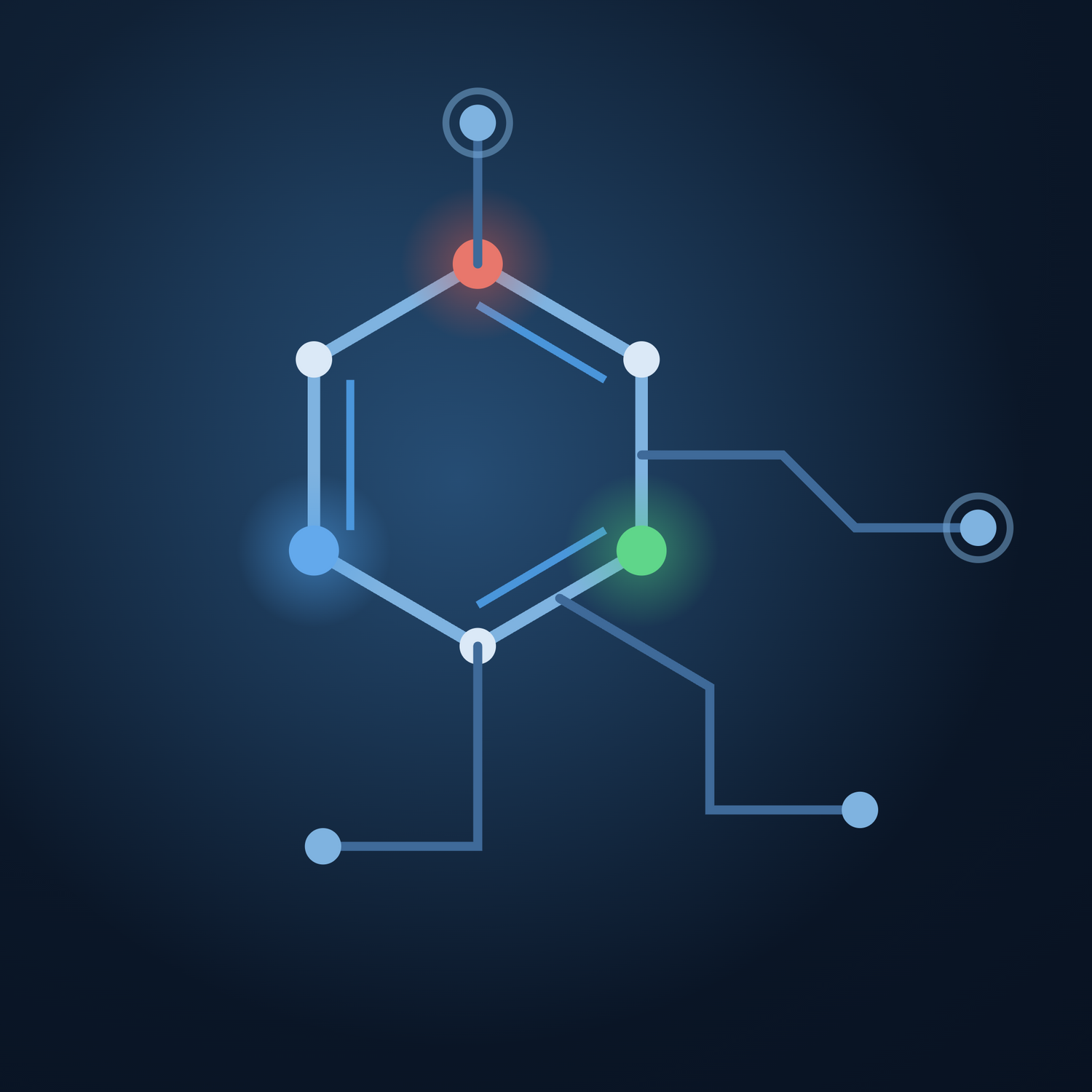 NorrChemica Organic Electronic Materials collection — a stylized aromatic-ring molecule on a dark navy background, its bonds extending into circuit-board traces and connection nodes, representing OLED hosts, emitters, and organic-semiconductor compounds.
