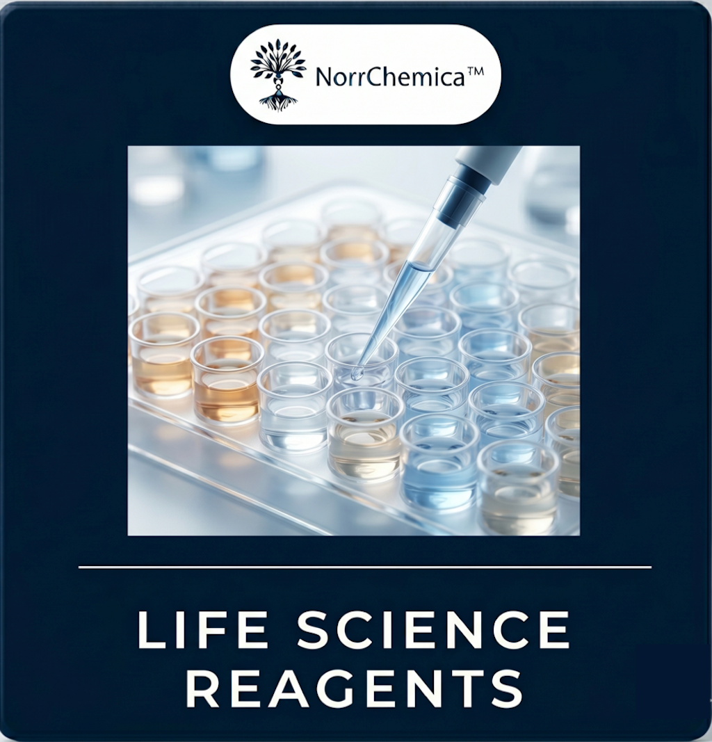 96-well microplate showing a colour gradient from amber to clear across the wells, with a single-channel pipette adding sample. Picture illustrates the category for:  — NorrChemica Life Science Reagents