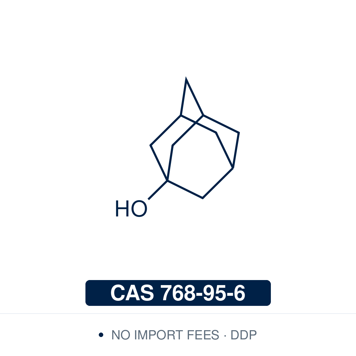 Chemical structure of 1-Adamantanol (C₁₀H₁₆O), CAS 768-95-6, ≥99% — adamantane building block used to prepare 1,3-adamantanediol and other adamantane derivatives, in the manufacture of adapalene, to protect carboxyl groups as 1-adamantyl esters in peptide synthesis, and to make 1-fluoroadamantane with hydrogen fluoride–pyridine. Supplied by NorrChemica with DDP shipping. CoA and SDS provided.