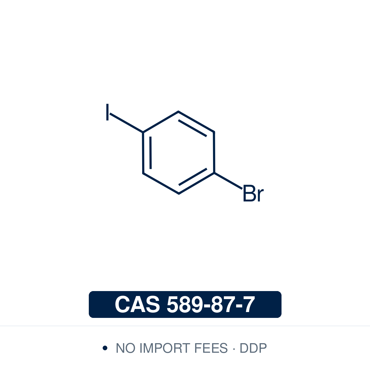 Chemical structure of 1-Bromo-4-iodobenzene (C₆H₄BrI), CAS 589-87-7, ≥98% — para-dihalobenzene for sequential cross-coupling: aryl iodides are more reactive than aryl bromides, so the iodine end couples selectively with terminal alkynes in Sonogashira coupling at room temperature and the bromide remains for a second coupling. Supplied by NorrChemica with DDP shipping. CoA and SDS provided.