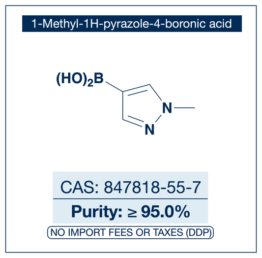 Chemical structure of 1-Methyl-1H-pyrazole-4-boronic Acid, CAS 847818-55-7, ≥95% — heteroaromatic N-methyl pyrazole-4-boronic acid used in Pd-catalysed Suzuki-Miyaura coupling, Cu Chan-Lam C–N/C–O coupling, Rh/Ni conjugate additions, and photoredox arylation in pharma/materials synthesis, providing access to N-methyl-4-substituted pyrazoles as privileged scaffolds in medicinal chemistry, agrochemical research, and kinase inhibitor design. Supplied by NorrChemica with DDP shipping. CoA and SDS provided.