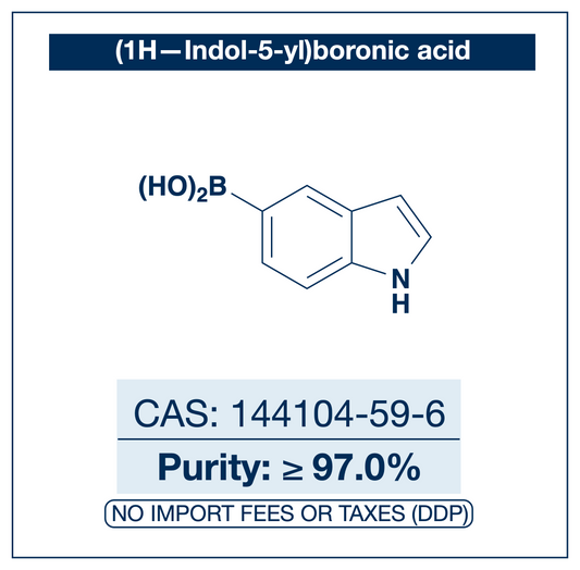 Chemical structure of (1H-Indol-5-yl)boronic Acid, CAS 144104-59-6, ≥97% — heteroaromatic NH-indole-5-boronic acid used in Pd-catalysed Suzuki-Miyaura coupling, Cu Chan-Lam C–N/C–O coupling, Rh/Ni conjugate additions, and photoredox arylation in pharma/materials synthesis, providing access to 5-substituted indoles as privileged scaffolds in medicinal chemistry, alkaloid synthesis, and bioactive heterocycle research. Supplied by NorrChemica with DDP shipping. CoA and SDS provided.