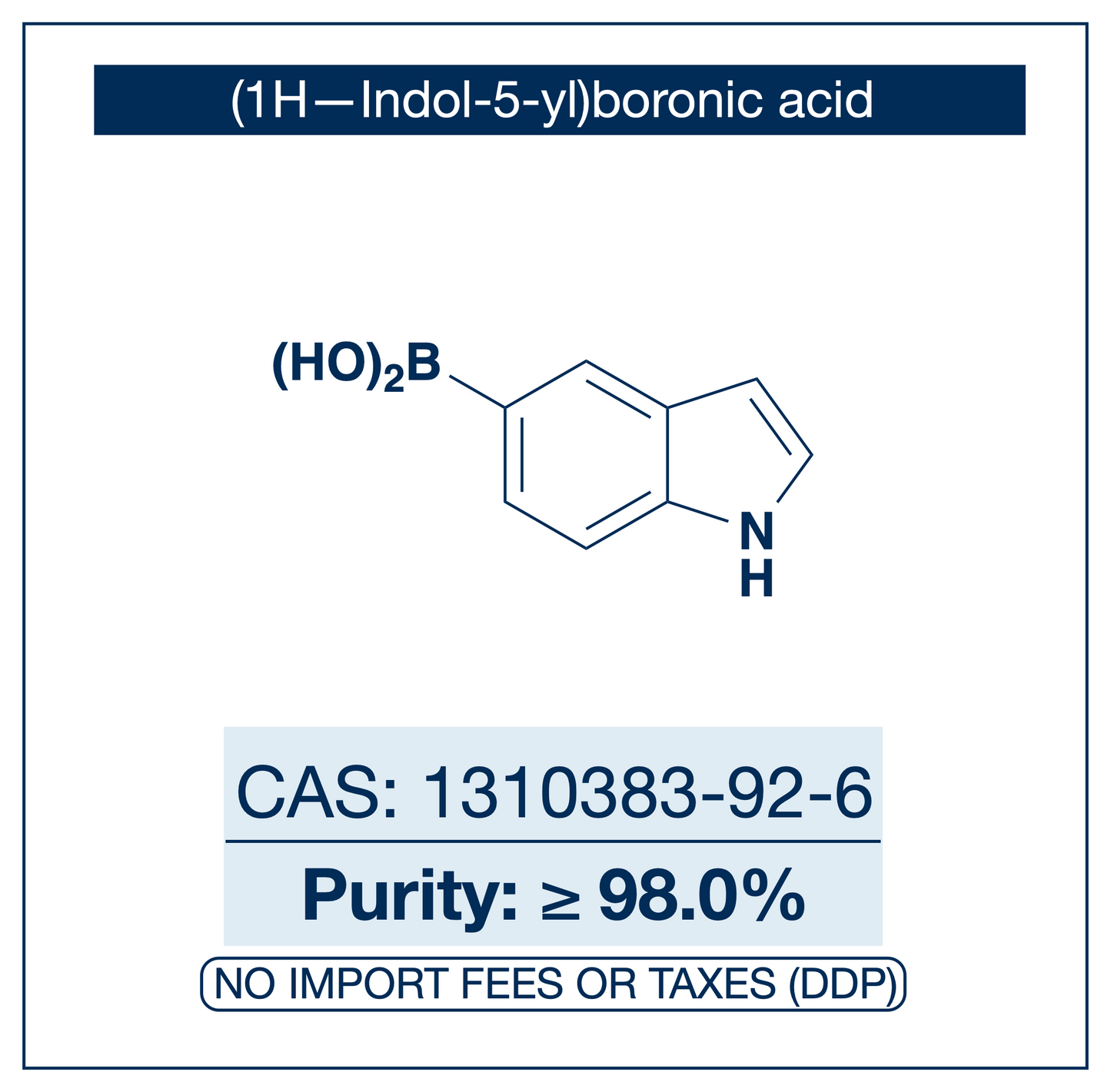 (1H-Indol-5-yl)boronic acid, structure showing indole ring with boronic acid B(OH)₂ at the 5-position, purity ≥98.0%, DDP shipping, NorrChemica.