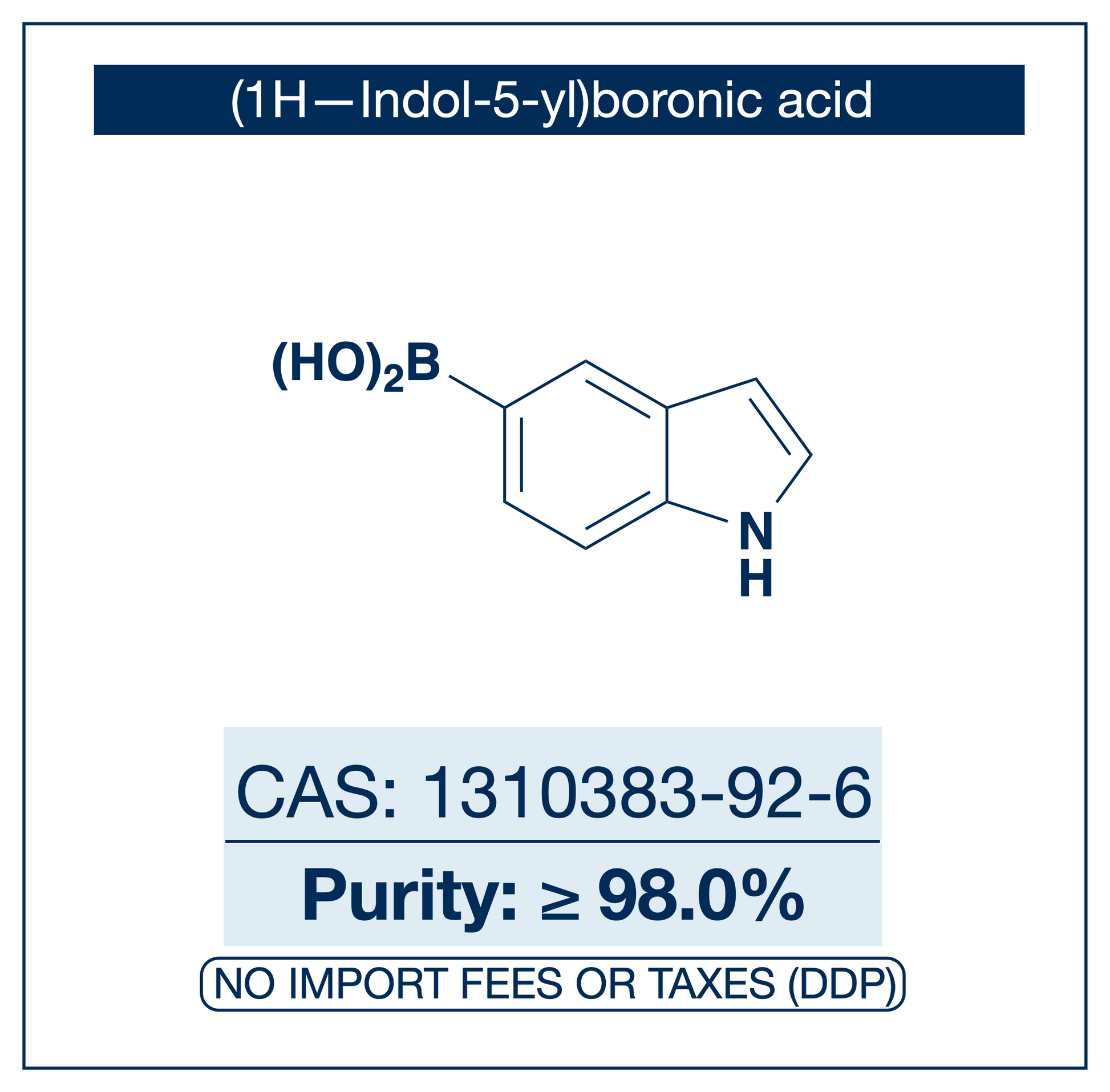 (1H-Indol-5-yl)boronic acid, structure showing indole ring with boronic acid B(OH)₂ at the 5-position, purity ≥98.0%, DDP shipping, NorrChemica.