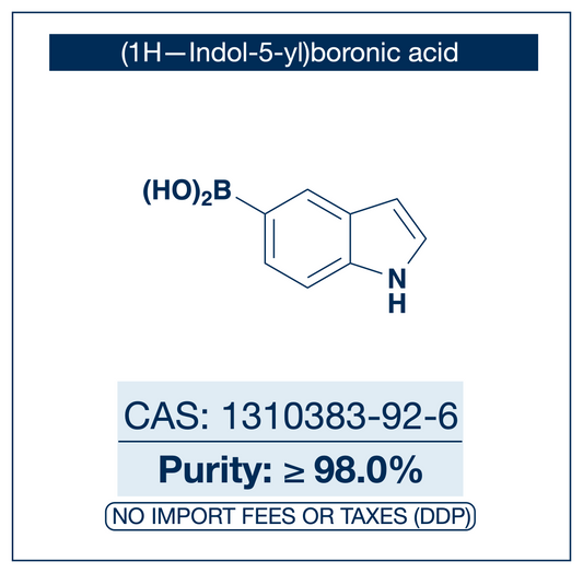 (1H-Indol-5-yl)boronic acid, structure showing indole ring with boronic acid B(OH)₂ at the 5-position, purity ≥98.0%, DDP shipping, NorrChemica.