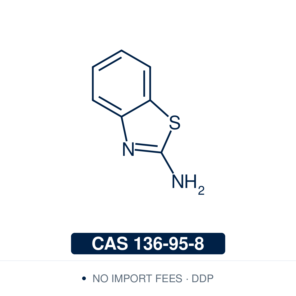 Chemical structure of 2-Aminobenzothiazole (C₇H₆N₂S), CAS 136-95-8, ≥97%. Supplied by NorrChemica with DDP shipping. CoA and SDS provided.