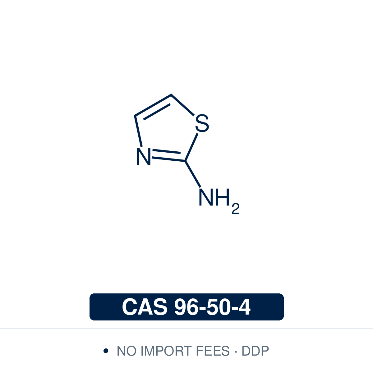 Chemical structure of 2-Aminothiazole (C₃H₄N₂S), CAS 96-50-4, ≥98%. Supplied by NorrChemica with DDP shipping. CoA and SDS provided.