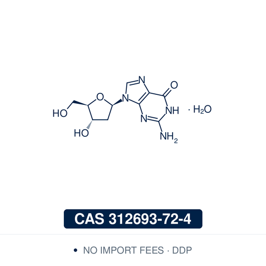 Chemical structure of 2′-Deoxyguanosine monohydrate (dG, C₁₀H₁₅N₅O₅), CAS 312693-72-4, ≥97% — the 2′-deoxyribonucleoside of guanine, converted by kinases to dGTP, the substrate of DNA polymerases. Used as a nucleoside supplement in cell culture, in research on deoxyguanosine kinase and mitochondrial DNA, to deplete thymocytes from thymic lobes in organ culture, and in studies of oxidative damage to DNA. Supplied by NorrChemica with DDP shipping. CoA and SDS provided.