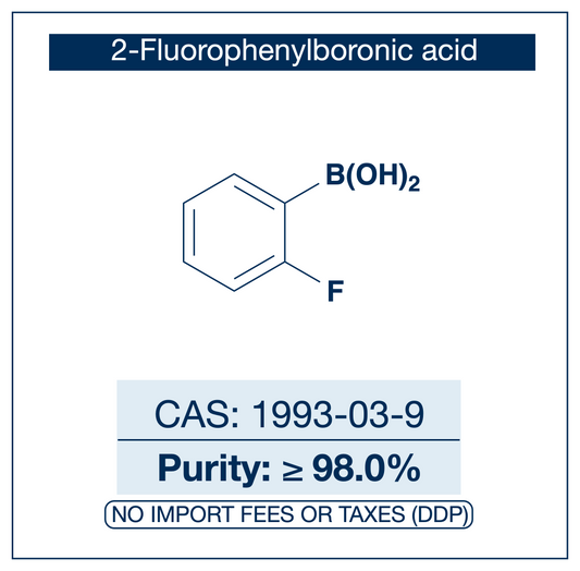 Chemical structure of 2-Fluorophenylboronic Acid, CAS 1993-03-9, ≥98% — electron-poor ortho-fluoro arylboronic acid used in Pd-catalysed Suzuki-Miyaura coupling, Cu Chan-Lam C–N/C–O coupling, Rh/Ni conjugate additions, and photoredox arylation in pharma/materials synthesis, with the ortho-fluorine handle valuable for tuning lipophilicity, blocking metabolic oxidation, and ¹⁹F NMR studies in medicinal chemistry. Supplied by NorrChemica with DDP shipping. CoA and SDS provided.