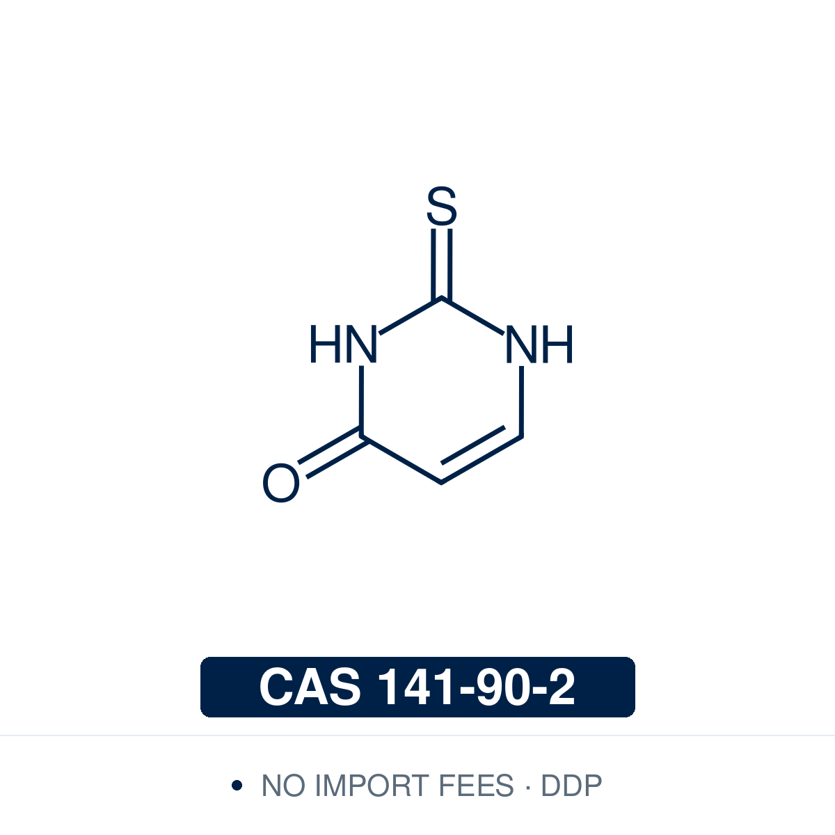 Chemical structure of 2-Thiouracil (C₄H₄N₂OS), CAS 141-90-2, ≥97% — thio-derivative of uracil used in thyroid peroxidase, neuronal nitric oxide synthase, melanin and excited-state dynamics research. Supplied by NorrChemica with DDP shipping. CoA and SDS provided.