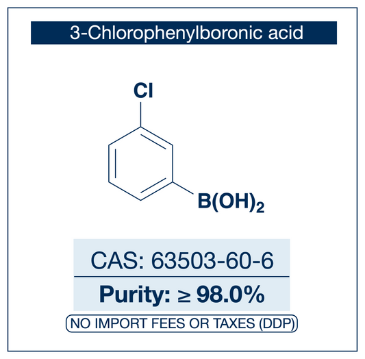 3-Chlorophenylboronic acid, CAS 63503-60-6, purity ≥98.0%, structure showing phenyl ring with chlorine at the 3-position and boronic acid B(OH)₂, DDP shipping, NorrChemica.