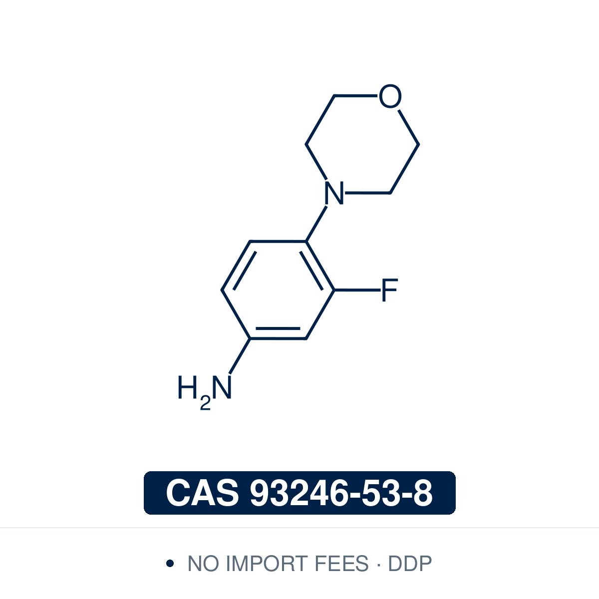 Chemical structure of 3-Fluoro-4-morpholinoaniline (C₁₀H₁₃FN₂O), CAS 93246-53-8, ≥98% — aniline with a fluorine at C-3 and a morpholin-4-yl group at C-4. Supplied by NorrChemica with DDP shipping. CoA and SDS provided.