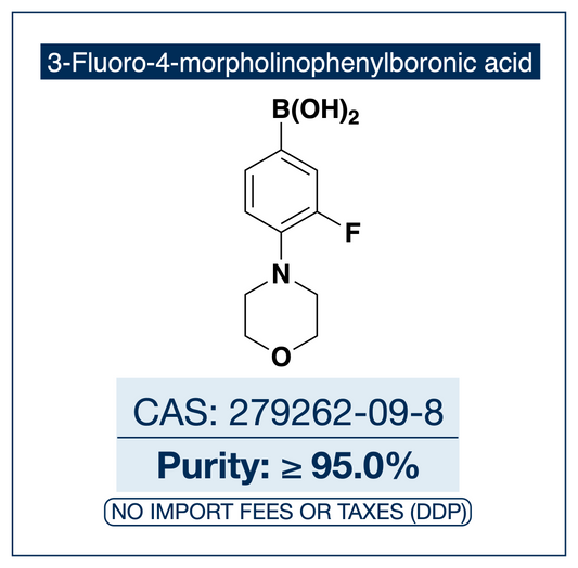 3-Fluoro-4-morpholinophenylboronic acid, CAS 279262-09-8, purity ≥95.0%, structure showing benzene ring with boronic acid B(OH)₂, fluorine, and morpholine substituents, DDP shipping, NorrChemica.​​​​​​​​​​​​​​​​