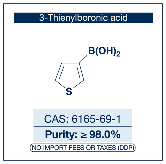 3-Thienylboronic acid, CAS 6165-69-1, purity ≥98.0%, structure showing thiophene ring with boronic acid B(OH)₂ at the 3-position, DDP shipping, NorrChemica.​​​​​​​​​​​​​​​​