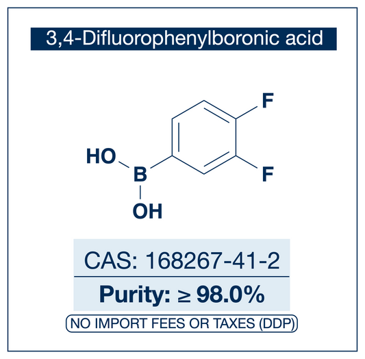 Chemical structure of 3,4-Difluorophenylboronic Acid, CAS 168267-41-2, ≥98% — electron-poor 3,4-difluoro-substituted arylboronic acid used in Pd-catalysed Suzuki-Miyaura coupling, Cu Chan-Lam C–N/C–O coupling, Rh/Ni conjugate additions, and photoredox arylation in pharma/materials synthesis, with the difluoro motif valuable for ¹⁹F NMR studies and bioactive scaffold design. Supplied by NorrChemica with DDP shipping. CoA and SDS provided.​​​​​​​​​​​​​​​​