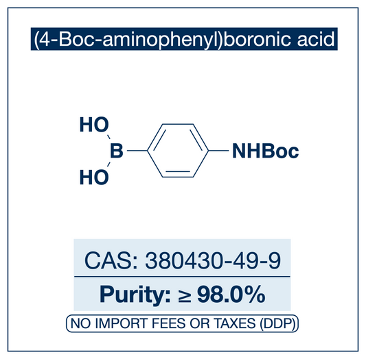 (4-Boc-aminophenyl)boronic acid, CAS 380430-49-9, purity ≥98.0%, structure showing phenyl ring with boronic acid B(OH)₂ and Boc-protected amino group at para position, DDP shipping, NorrChemica.​​​​​​​​​​​​​​​​