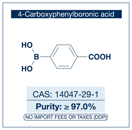 Chemical structure of 4-carboxyphenylboronic acid with CAS number 14047-29-1, purity ≥97%, supplied DDP by NorrChemica.​​​​​​​​​​​​​​​​