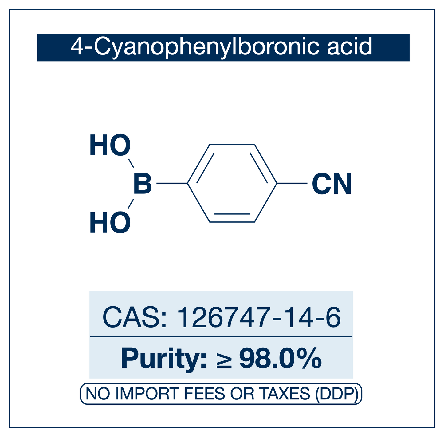 Chemical structure of 4-Cyanophenylboronic Acid, CAS 126747-14-6, ≥98% — strongly electron-poor para-cyano arylboronic acid used in Pd-catalysed Suzuki-Miyaura coupling, Cu Chan-Lam C–N/C–O coupling, Rh/Ni conjugate additions, and photoredox arylation in pharma/materials synthesis, with the nitrile handle valuable for further transformation to amides, amines, tetrazoles, and heterocyclic scaffolds. Supplied by NorrChemica with DDP shipping. CoA and SDS provided.​​​​​​​​​​​​​​​​