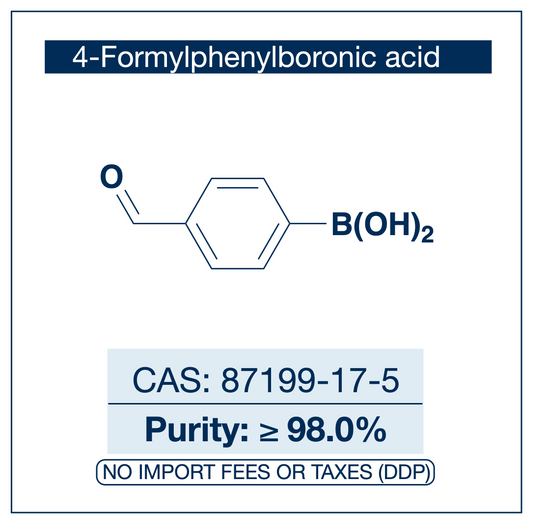 4-Formylphenylboronic acid, CAS 87199-17-5, purity ≥98.0%, structure showing phenyl ring with aldehyde CHO at the 4-position and boronic acid B(OH)₂, DDP shipping, NorrChemica.​​​​​​​​​​​​​​​​