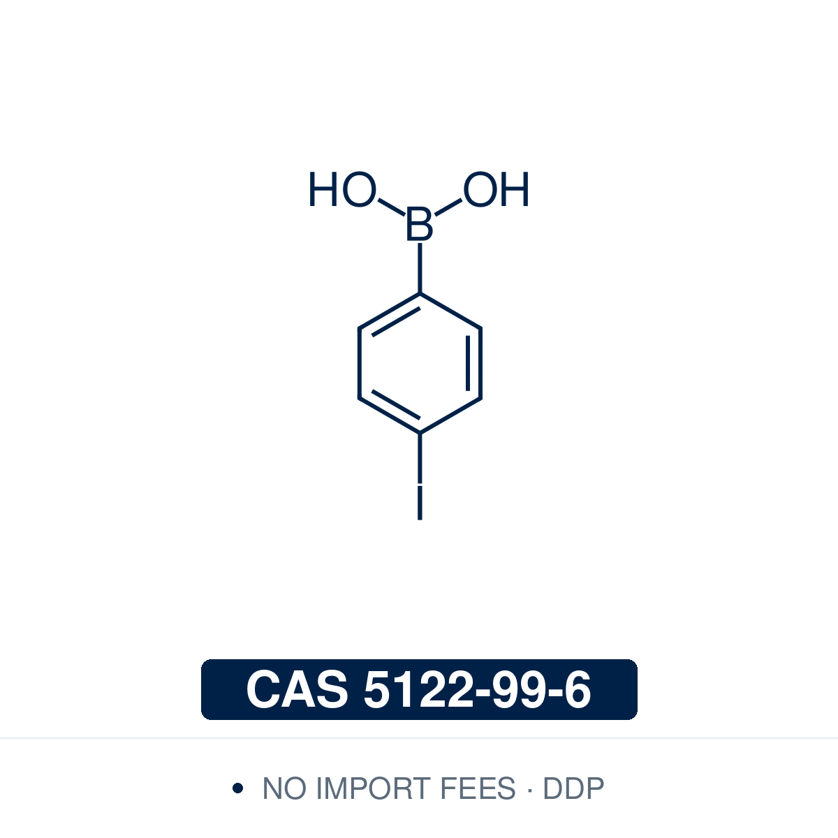 Chemical structure of 4-iodophenylboronic acid ((4-iodophenyl)boronic acid, C₆H₆BIO₂), CAS 5122-99-6, ≥97%. Supplied by NorrChemica with DDP shipping. CoA and SDS provided.