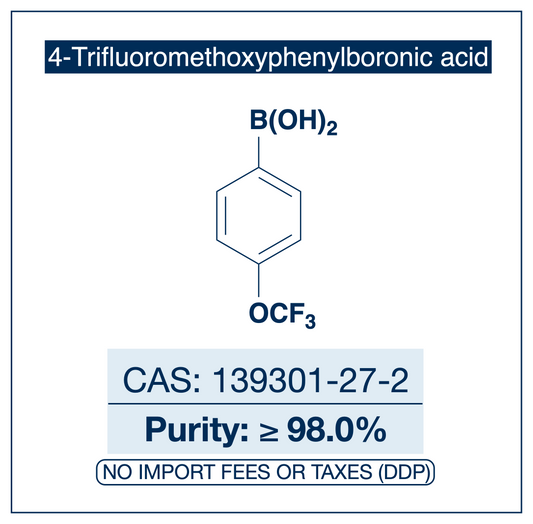 4-Trifluoromethoxyphenylboronic acid, CAS 139301-27-2, purity ≥98.0%, structure showing benzene ring with boronic acid B(OH)₂ and trifluoromethoxy OCF₃ substituents at para positions, DDP shipping, NorrChemica.​​​​​​​​​​​​​​​​
