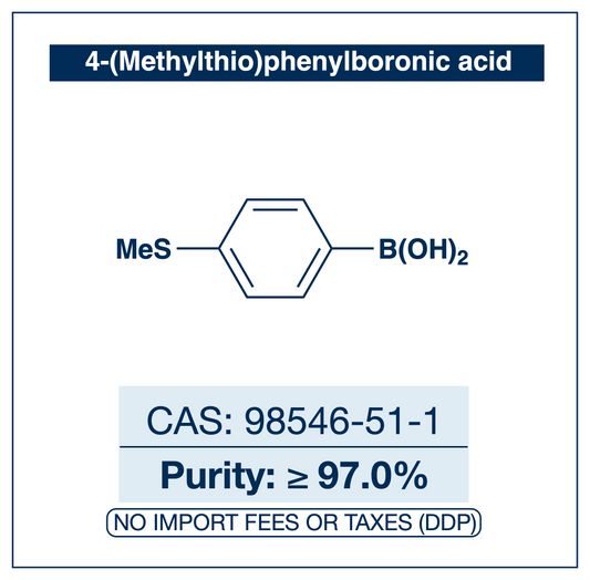 Chemical structure of 4-(Methylthio)phenylboronic acid, CAS 98546-51-1, ≥97% — para-(methylsulfanyl)-substituted arylboronic acid used in Pd-catalysed Suzuki–Miyaura coupling, Cu Chan–Lam C–N/C–O coupling, Rh/Ni conjugate additions, and photoredox arylation in pharma and materials synthesis. Supplied by NorrChemica with DDP shipping. CoA and SDS provided.