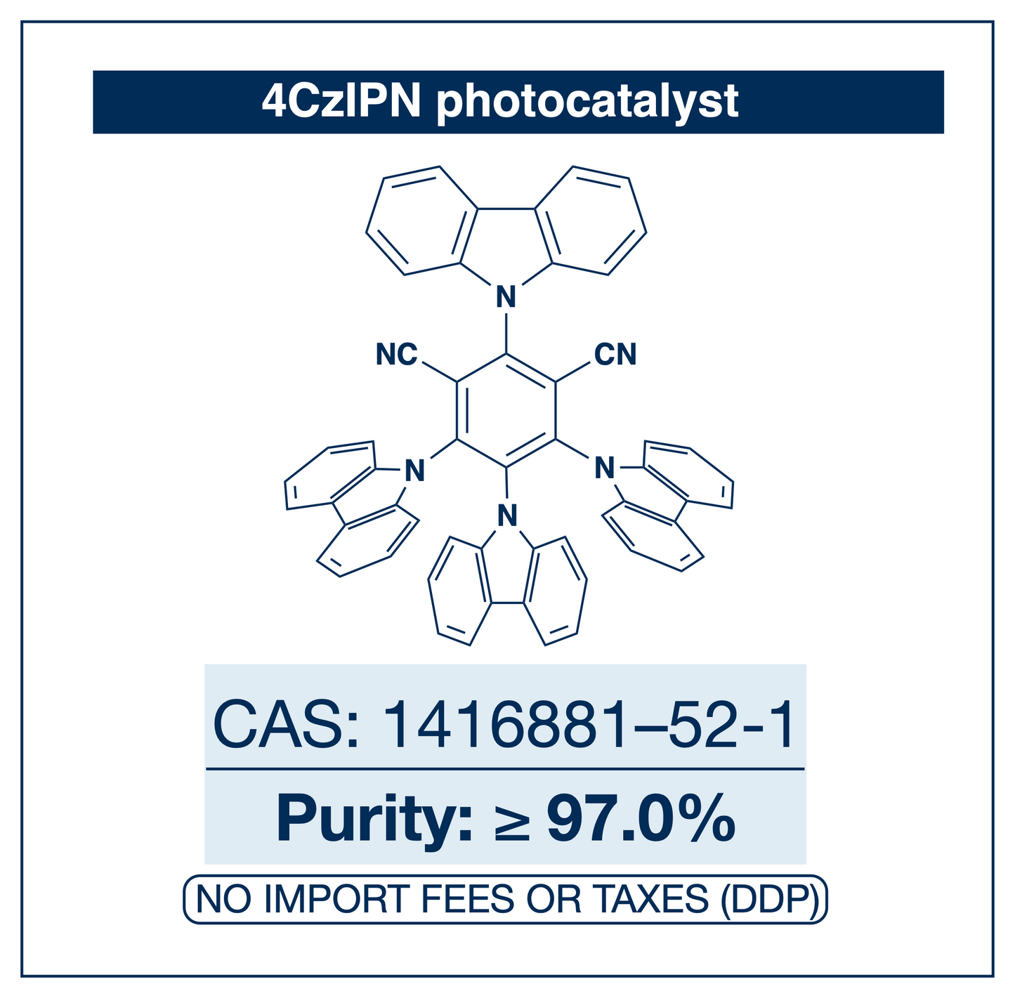 Chemical structure of 4CzIPN, CAS 1416881-52-1, ≥97% — metal-free organic TADF photoredox catalyst for visible-light photocatalysis. Supplied by NorrChemica with DDP shipping. CoA and SDS provided.