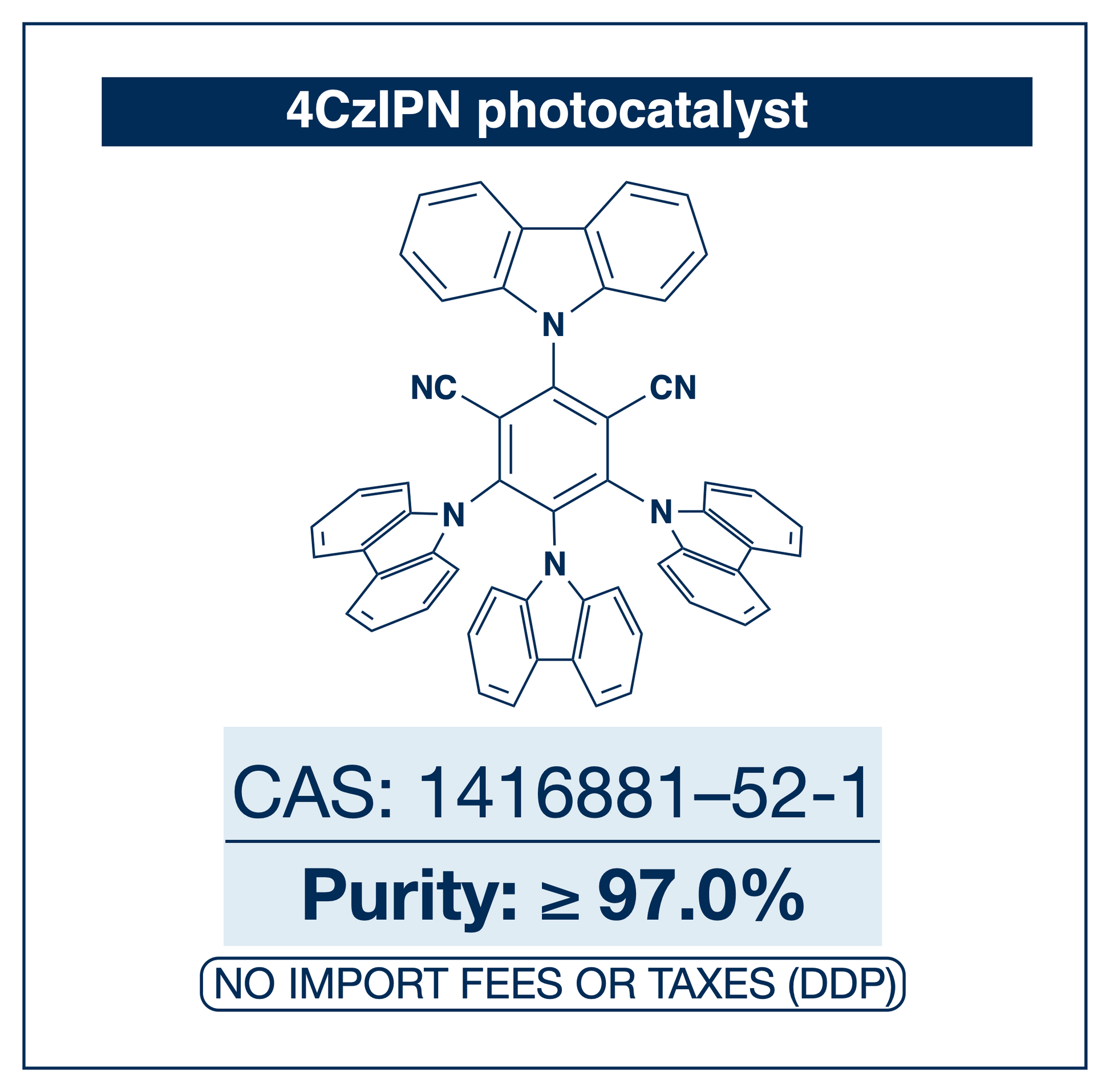 Chemical structure of 4CzIPN, CAS 1416881-52-1, ≥97% — metal-free organic TADF photoredox catalyst for visible-light photocatalysis. Supplied by NorrChemica with DDP shipping. CoA and SDS provided.