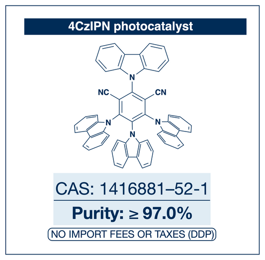 Chemical structure of 4CzIPN, CAS 1416881-52-1, ≥97% — metal-free organic TADF photoredox catalyst for visible-light photocatalysis. Supplied by NorrChemica with DDP shipping. CoA and SDS provided.