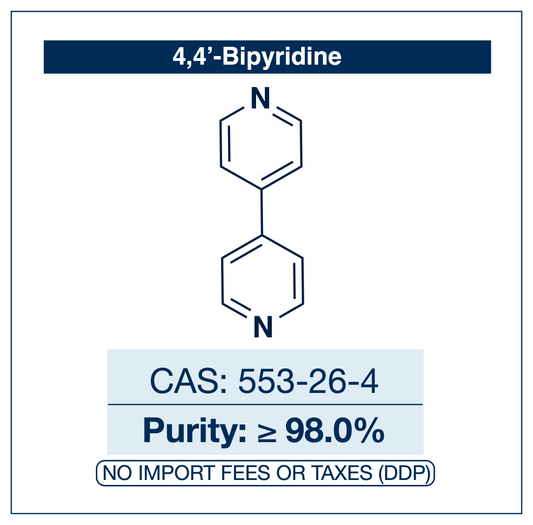 Chemical structure of 4,4'-Bipyridine, CAS 553-26-4, ≥98% — linear ditopic bridging ligand used in metal–organic frameworks, coordination polymers, and electroactive viologen materials. Supplied by NorrChemica with DDP shipping. CoA and SDS provided.