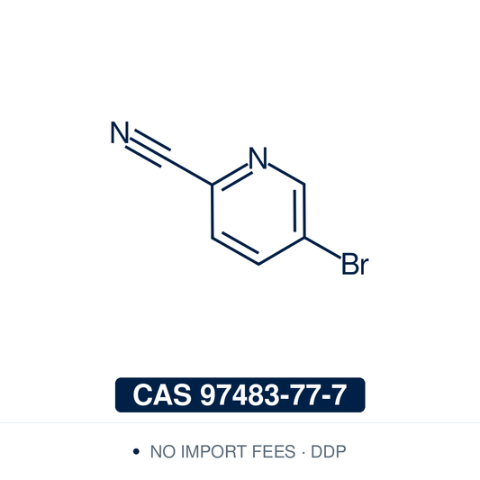 Chemical structure of 5-Bromopyridine-2-carbonitrile (C₆H₃BrN₂), CAS 97483-77-7, ≥98% — pyridine with a bromine at C-5 and a nitrile at C-2, used in Suzuki and Heck coupling, nickel-mediated cross-electrophile coupling, azaterphenyl diamidine synthesis, triazine-based covalent organic framework monomers, cysteine conjugation and diketopyrrolopyrrole polymers. Supplied by NorrChemica with DDP shipping. CoA and SDS provided.