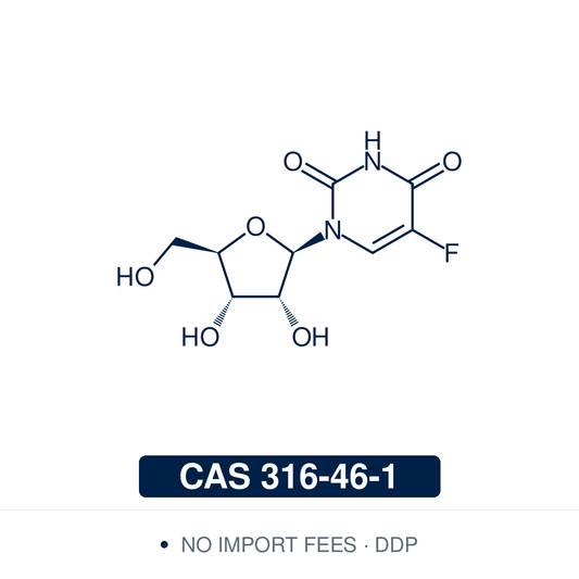Chemical structure of 5-Fluorouridine (FUrd), C₉H₁₁FN₂O₆, CAS 316-46-1, ≥97% — fluorinated uridine analogue that cells incorporate into newly synthesised RNA. Used as a cell-permeable label for nascent RNA at transcription sites, detected with antibodies against 5-bromo-2′-deoxyuridine, and, together with 5-fluoro-2′-deoxyuridine, to separate the RNA-directed from the DNA-directed effects of fluoropyrimidines. Supplied by NorrChemica with DDP shipping. CoA and SDS provided.