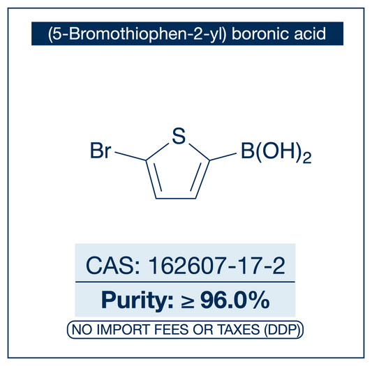 Chemical structure of (5-Bromothiophen-2-yl)boronic Acid, CAS 162607-17-2, ≥96% — heteroaromatic 5-bromothiophene-2-boronic acid used in Pd-catalysed Suzuki-Miyaura coupling, Cu Chan-Lam C–N/C–O coupling, Rh/Ni conjugate additions, and photoredox arylation in pharma/materials synthesis, with the 5-bromo handle for sequential coupling toward 2,5-disubstituted thiophenes in conjugated polymers, OLED/OPV, and medchem. Supplied by NorrChemica with DDP shipping. CoA and SDS provided.
