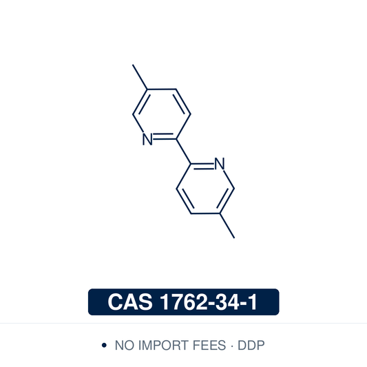 Chemical structure of 5,5'-Dimethyl-2,2'-bipyridine (C₁₂H₁₂N₂), CAS 1762-34-1, ≥98% — a chelating bipyridine ligand used in ruthenium, osmium, rhenium and copper(I) complexes studied for their excited states, red-light CO₂ photoreduction and thermally activated delayed fluorescence, as a ligand in ruthenium-catalysed allylic amination, and as a starting material for 2,2'-bipyridine-5,5'-dicarbaldehyde. Supplied by NorrChemica with DDP shipping. CoA and SDS provided.