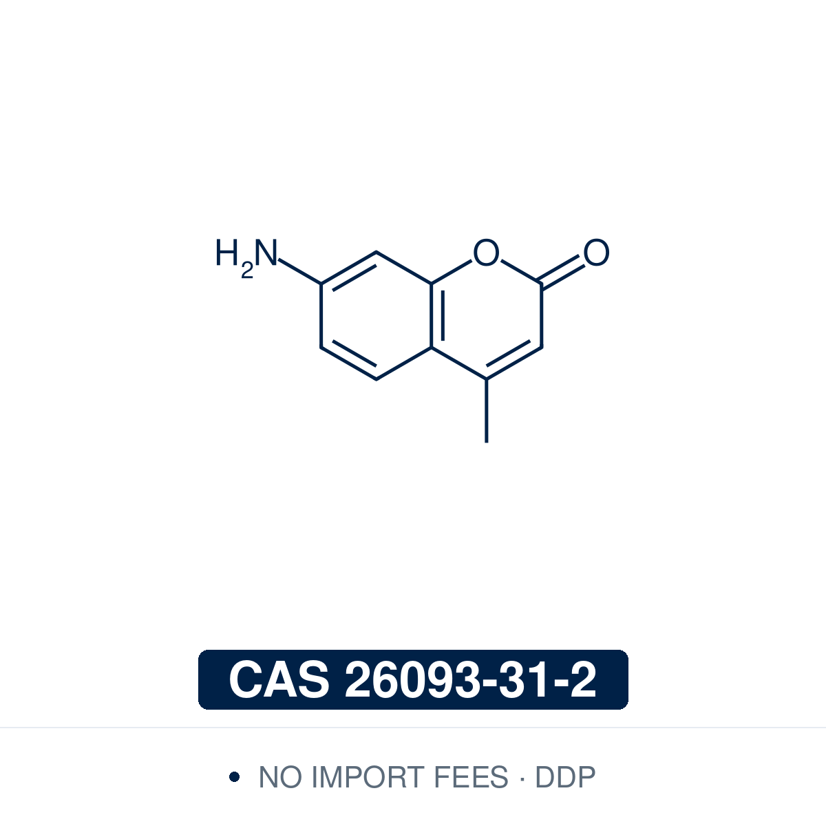Chemical structure of 7-Amino-4-methylcoumarin (AMC), CAS 26093-31-2, ≥98% — a blue-fluorescent coumarin used as the leaving group in fluorogenic peptide substrates for protease and peptidase assays and specificity profiling, as aminoacyl-AMC building blocks for substrate synthesis, and as a fluorescent substitute for Schiff's reagent in PAS staining. Supplied by NorrChemica with DDP shipping. CoA and SDS provided.