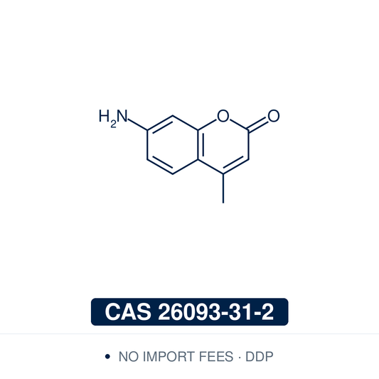 Chemical structure of 7-Amino-4-methylcoumarin (AMC), CAS 26093-31-2, ≥98% — a blue-fluorescent coumarin used as the leaving group in fluorogenic peptide substrates for protease and peptidase assays and specificity profiling, as aminoacyl-AMC building blocks for substrate synthesis, and as a fluorescent substitute for Schiff's reagent in PAS staining. Supplied by NorrChemica with DDP shipping. CoA and SDS provided.