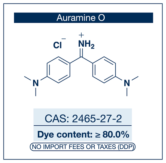 Chemical structure of Auramine O, CAS 2465-27-2, ≥80% dye content — diarylmethane cationic fluorescent dye (C.I. 41000 / Basic Yellow 2) with green emission used as a research-grade fluorescent stain for acid-fast bacilli microscopy in microbiology methodology, histological glycoprotein staining, fluorescent forensic fingerprint visualization, and DNA-binding fluorescence research. Supplied by NorrChemica with DDP shipping to EU, UK, and selected EFTA destinations. CoA and SDS provided.

