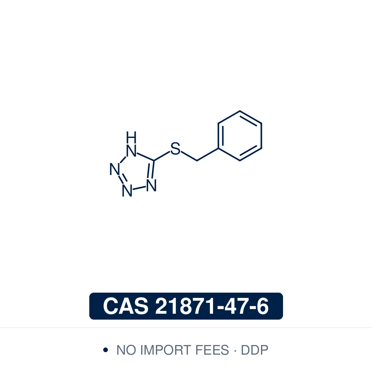 Chemical structure of 5-(Benzylthio)-1H-tetrazole (BTT, 5-benzylmercaptotetrazole), C₈H₈N₄S, CAS 21871-47-6, ≥98% — activator for the phosphoramidite coupling step in solid-phase oligonucleotide synthesis, used in place of 1H-tetrazole. It is used for RNA synthesis with 2'-O-TBDMS or TOM-protected monomers and for DNA synthesis. Supplied by NorrChemica with DDP shipping. CoA and SDS provided.