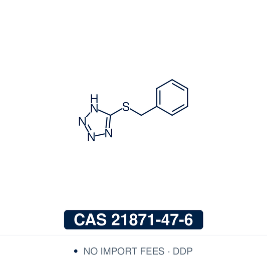 Chemical structure of 5-(Benzylthio)-1H-tetrazole (BTT, 5-benzylmercaptotetrazole), C₈H₈N₄S, CAS 21871-47-6, ≥98% — activator for the phosphoramidite coupling step in solid-phase oligonucleotide synthesis, used in place of 1H-tetrazole. It is used for RNA synthesis with 2'-O-TBDMS or TOM-protected monomers and for DNA synthesis. Supplied by NorrChemica with DDP shipping. CoA and SDS provided.