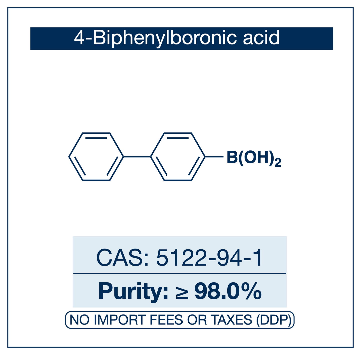 Chemical compound structure of 4-biphenylboronic acid with purity and CAS number information. Supplied by NorrChemica via DDP