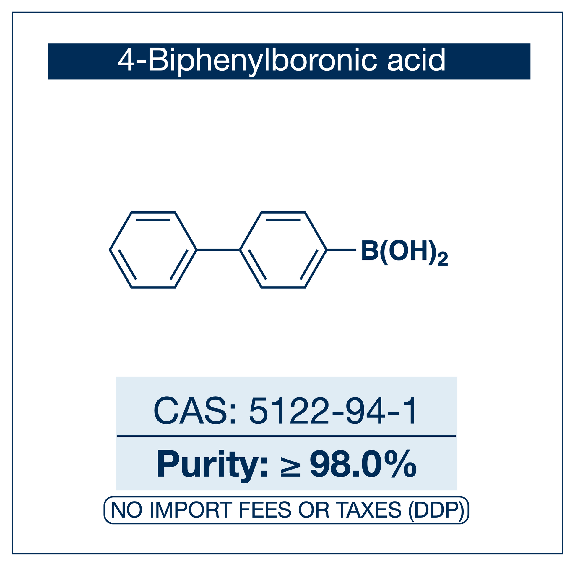 Chemical compound structure of 4-biphenylboronic acid with purity and CAS number information. Supplied by NorrChemica via DDP