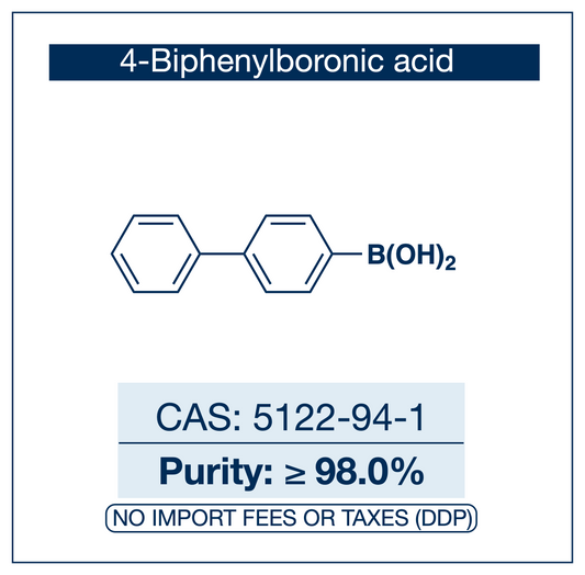 Chemical compound structure of 4-biphenylboronic acid with purity and CAS number information. Supplied by NorrChemica via DDP