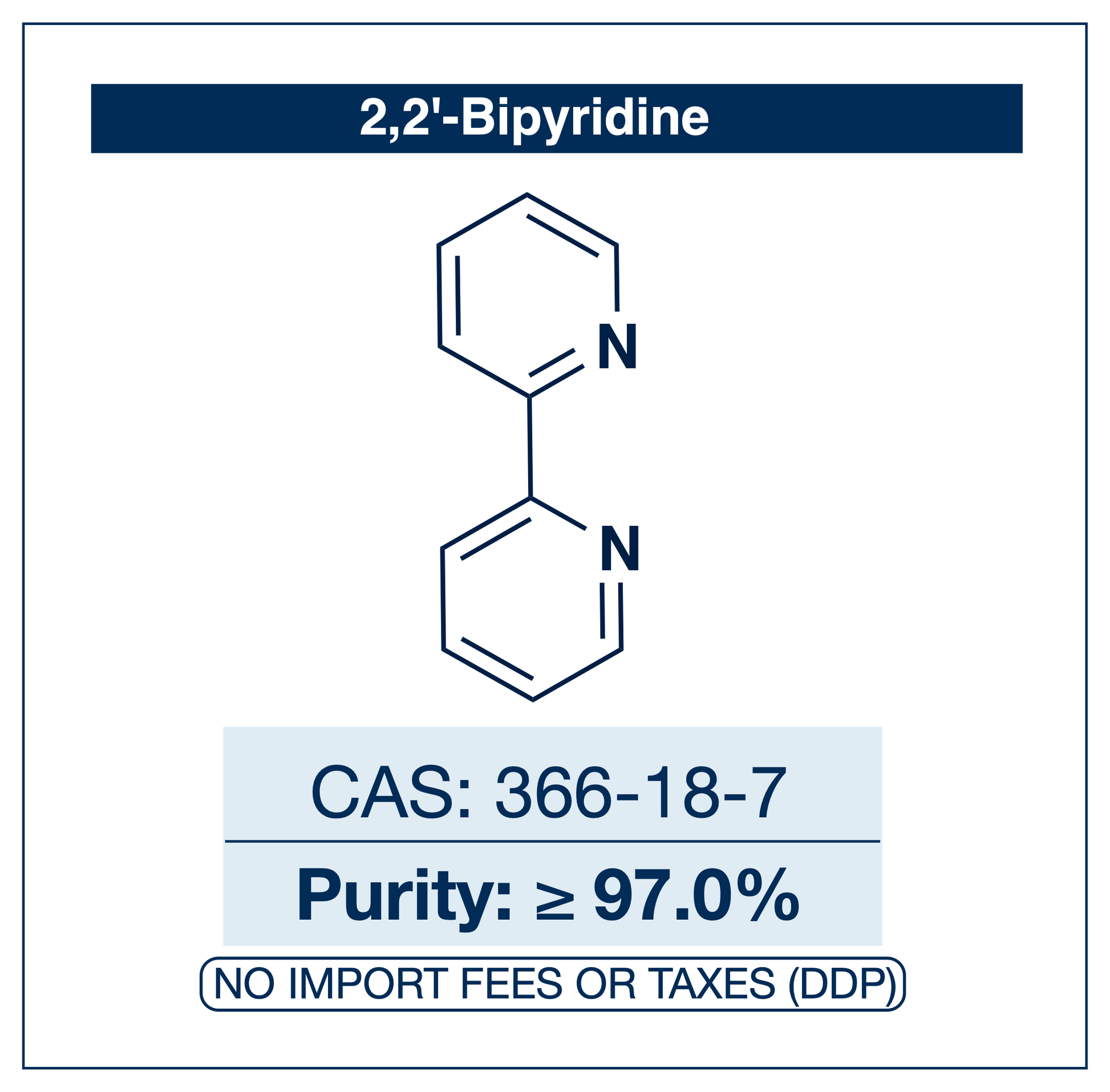 Chemical structure of 2,2'-Bipyridine, CAS 366-18-7, ≥97% — bidentate N,N-chelating ligand used in coordination chemistry, photoredox catalysis, and colorimetric iron(II) determination. Supplied by NorrChemica with DDP shipping. CoA and SDS provided.