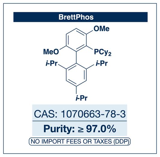 Chemical structure of BrettPhos, CAS 1070663-78-3, 97% — electron-rich biaryl monophosphine ligand for palladium-catalysed Buchwald-Hartwig C-N cross-coupling. Supplied by NorrChemica with DDP shipping. CoA and SDS provided.