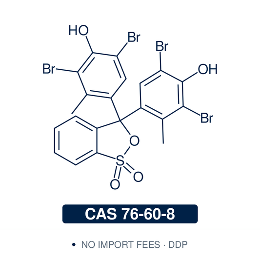 Chemical structure of bromocresol green (tetrabromo-m-cresolsulfonphthalein, C₂₁H₁₄Br₄O₅S), CAS 76-60-8, Indicator Grade — sulfonphthalein pH indicator that changes from yellow at pH 3.8 to blue at pH 5.4. Used in acid–base titrations, in the measurement of serum albumin, which binds the dye and raises its absorbance, and in ion-pair spectrophotometric methods for basic drugs. Supplied by NorrChemica with DDP shipping. CoA and SDS provided.