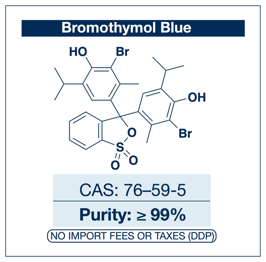 Chemical structure of Bromothymol Blue, CAS 76-59-5, ≥99% — sulfonephthalein pH indicator dye (C.I. 26635) with yellow-to-blue color transition at pH 6.0–7.6 used as a research-grade indicator for near-physiological pH monitoring in cell culture, acid-base titration endpoint detection in analytical chemistry, CO₂ visualization in photosynthesis and respiration methodology, and pH determination in microbiological and aquatic research. Supplied by NorrChemica with DDP shipping. CoA and SDS provided.
