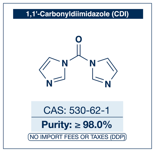 Chemical structure of 1,1'-Carbonyldiimidazole (CDI), CAS 530-62-1, ≥98.0% — phosgene-free carbonyl-transfer and coupling reagent used to activate carboxylic acids, alcohols, and amines for amide, ester, carbamate, urea, and carbonate synthesis. Supplied by NorrChemica with DDP shipping. CoA and SDS provided.