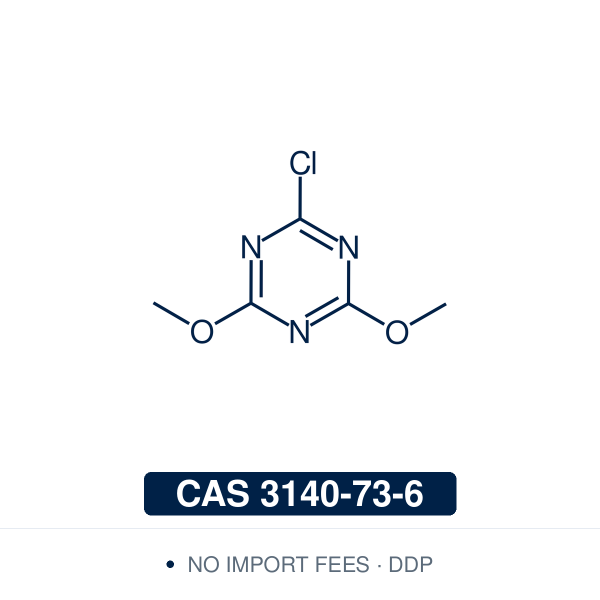 Chemical structure of CDMT, CAS 3140-73-6, ≥98% — 2-chloro-4,6-dimethoxy-1,3,5-triazine, a triazine activating reagent that, with N-methylmorpholine, forms DMTMM to couple carboxylic acids with amines and alcohols. Supplied by NorrChemica with DDP shipping. CoA and SDS provided.