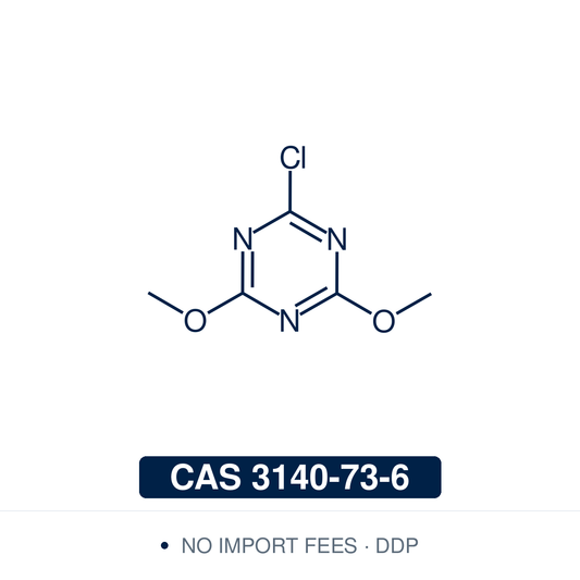Chemical structure of CDMT, CAS 3140-73-6, ≥98% — 2-chloro-4,6-dimethoxy-1,3,5-triazine, a triazine activating reagent that, with N-methylmorpholine, forms DMTMM to couple carboxylic acids with amines and alcohols. Supplied by NorrChemica with DDP shipping. CoA and SDS provided.