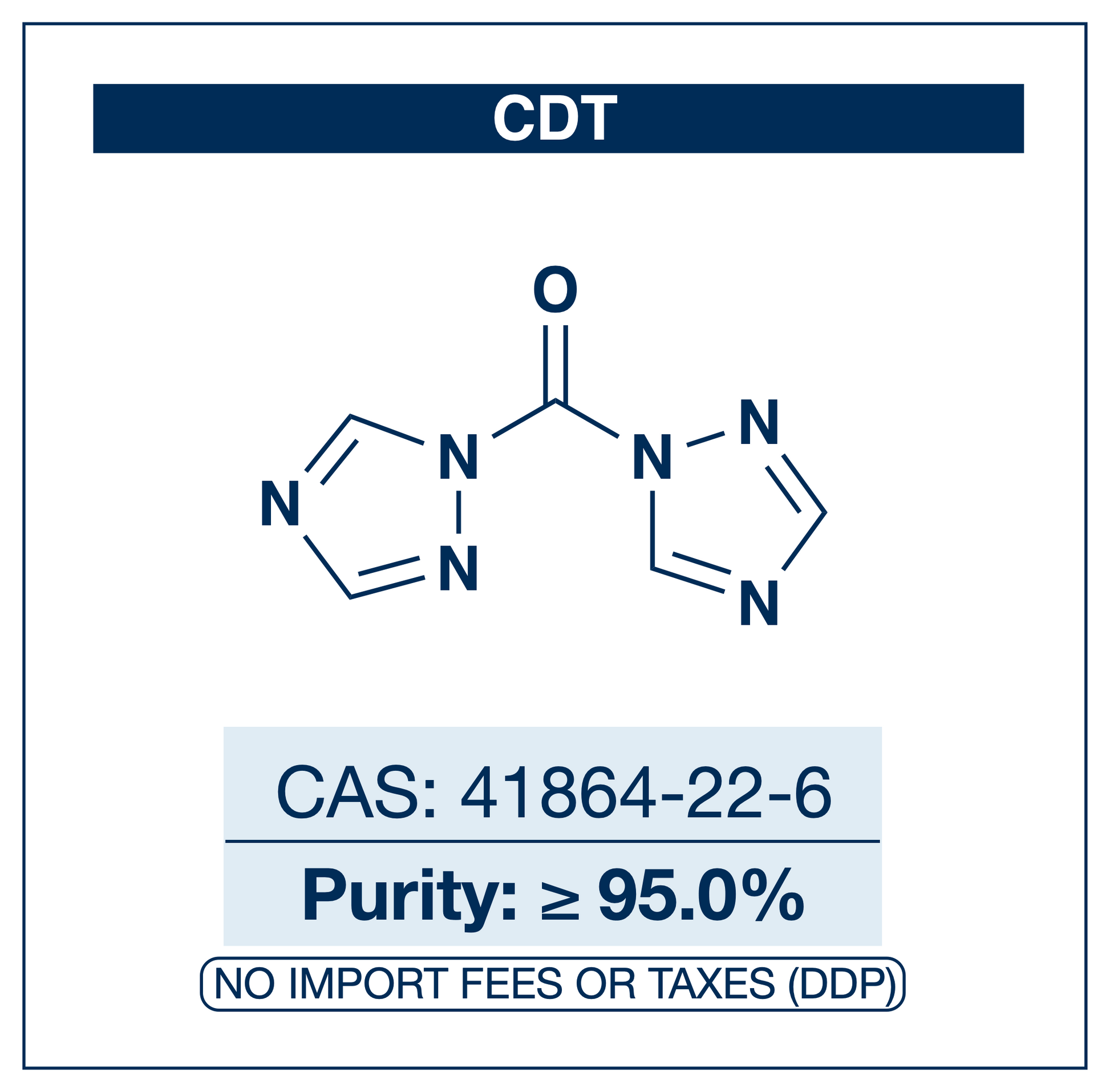 Chemical structure of CDT (1,1'-carbonyldi-1,2,4-triazole), CAS 41864-22-6, ≥95.0% — phosgene-free carbonyl-transfer and coupling reagent for amides, esters, ureas, and carbamates. Supplied by NorrChemica with DDP shipping. CoA and SDS provided.